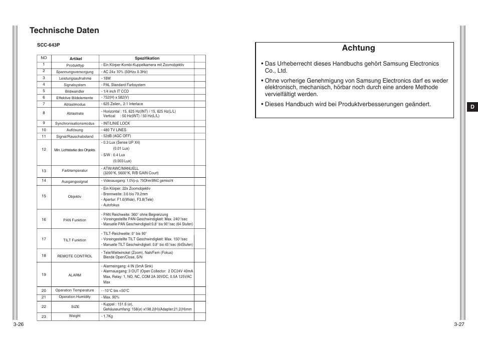 Achtung, Technische daten | Samsung SCC-643(P) User Manual | Page 56 / 140
