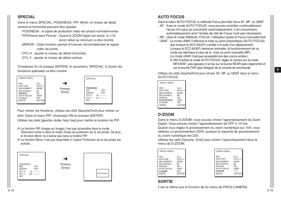 Auto focus, D-zoom, Sortie | Special | Samsung SCC-643(P) User Manual | Page 78 / 140