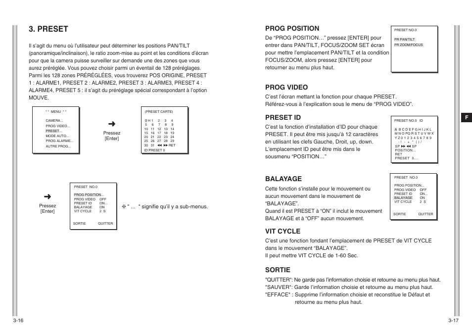 Preset, Prog position, Prog video | Preset id, Balayage, Vit cycle, Sortie | Samsung SCC-643(P) User Manual | Page 79 / 140