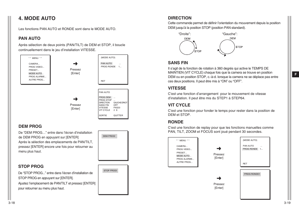 Mode auto, Direction, Sans fin | Vitesse, Vit cycle, Ronde, Stop prog, Pan auto, Dem prog | Samsung SCC-643(P) User Manual | Page 80 / 140