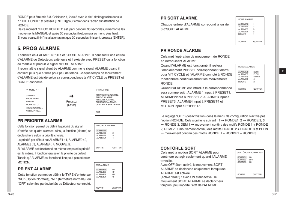 Prog alarme, Pr sort alarme, Pr ronde alarme | Contôrle sort, Pr priorite alarme, Pr ent alarme | Samsung SCC-643(P) User Manual | Page 81 / 140