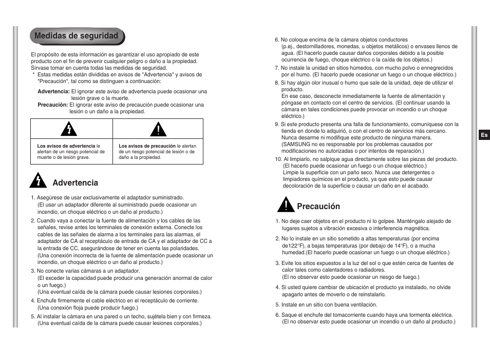 Medidas de seguridad, Advertencia, Precaución | Samsung SCC-643(P) User Manual | Page 86 / 140