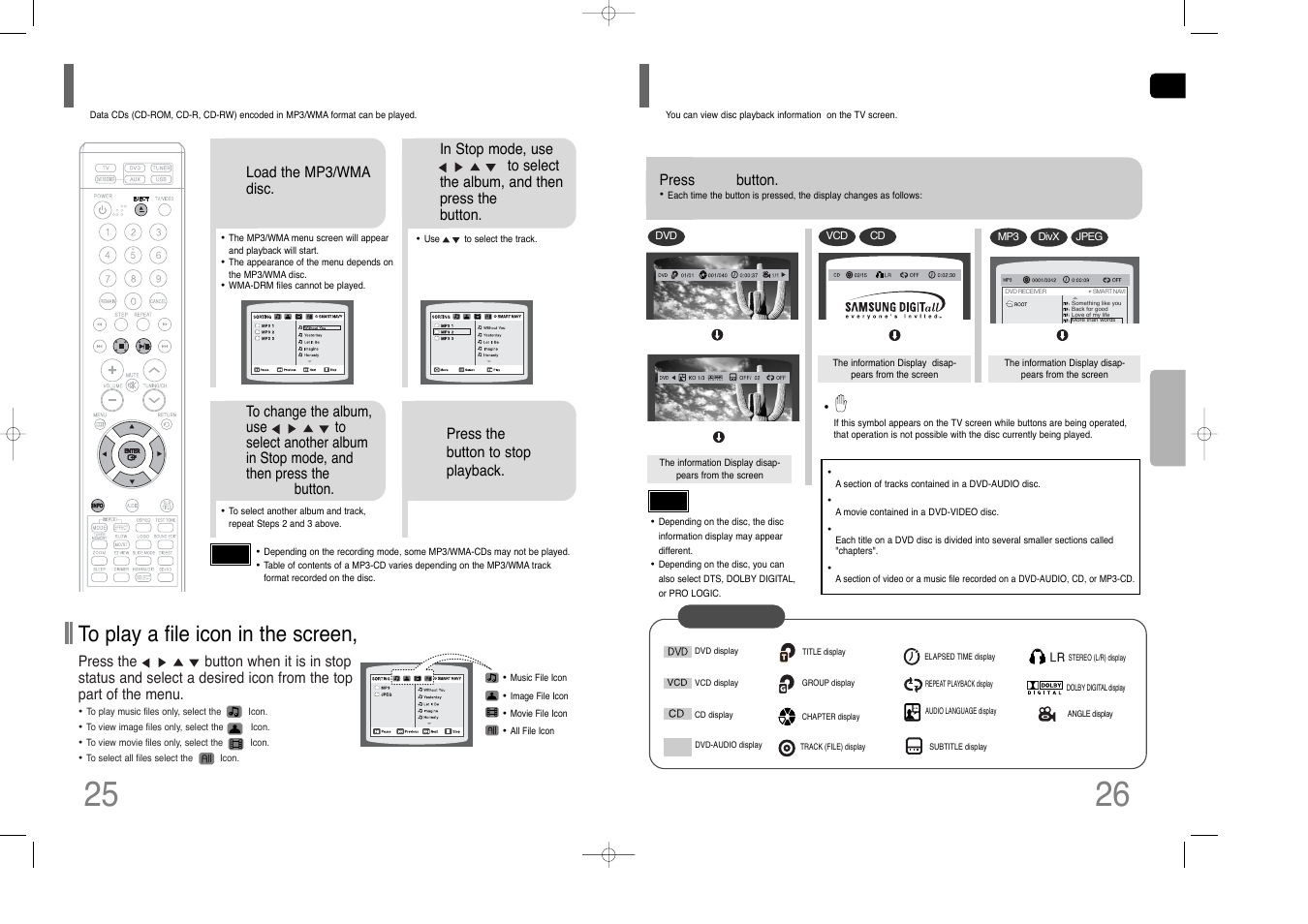 Mp3/wma-cd playback, Displaying disc information | Samsung HT-XQ100  EN User Manual | Page 14 / 39
