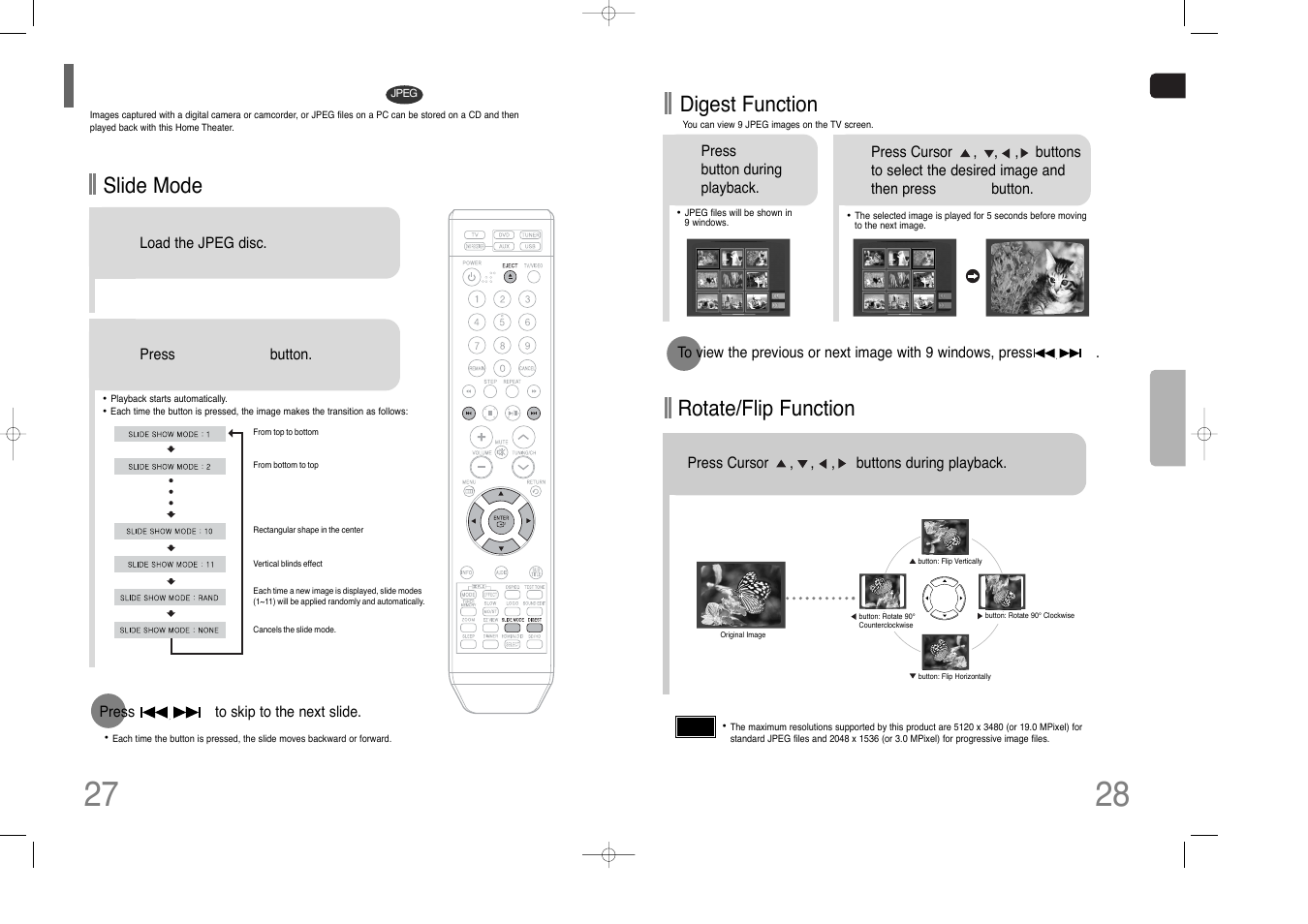 Jpeg file playback, Rotate/flip function, Digest function | Slide mode | Samsung HT-XQ100  EN User Manual | Page 15 / 39