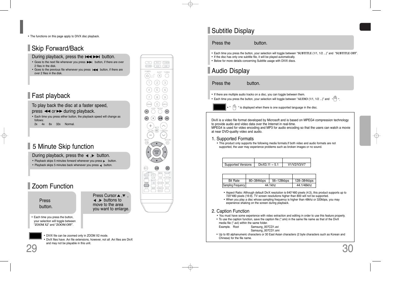 Divx playback, Fast playback skip forward/back, Zoom function | 5 minute skip function, Subtitle display, Audio display | Samsung HT-XQ100  EN User Manual | Page 16 / 39