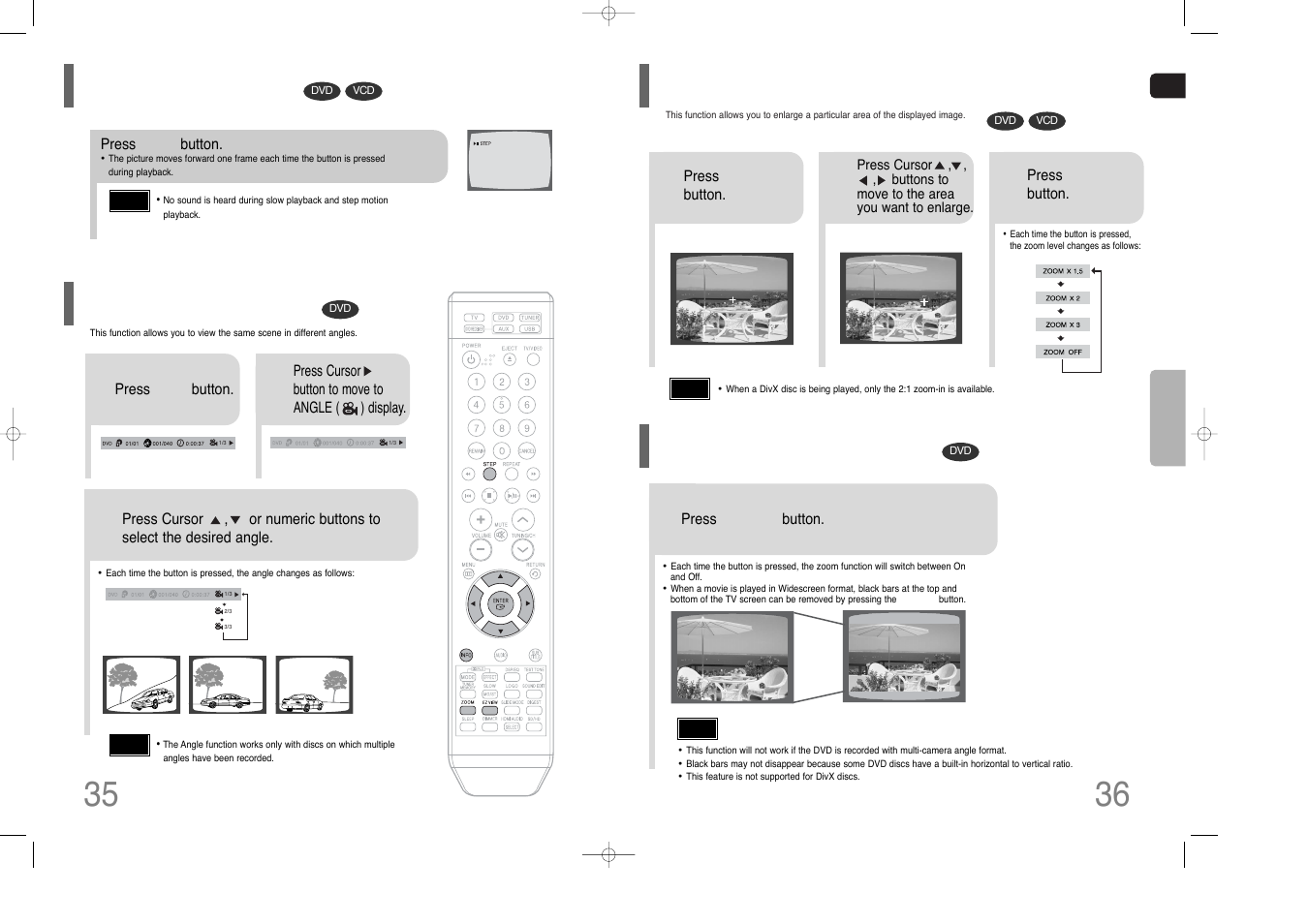 Step function, Zoom (screen enlarge) function, Ez view function | Angle function | Samsung HT-XQ100  EN User Manual | Page 19 / 39