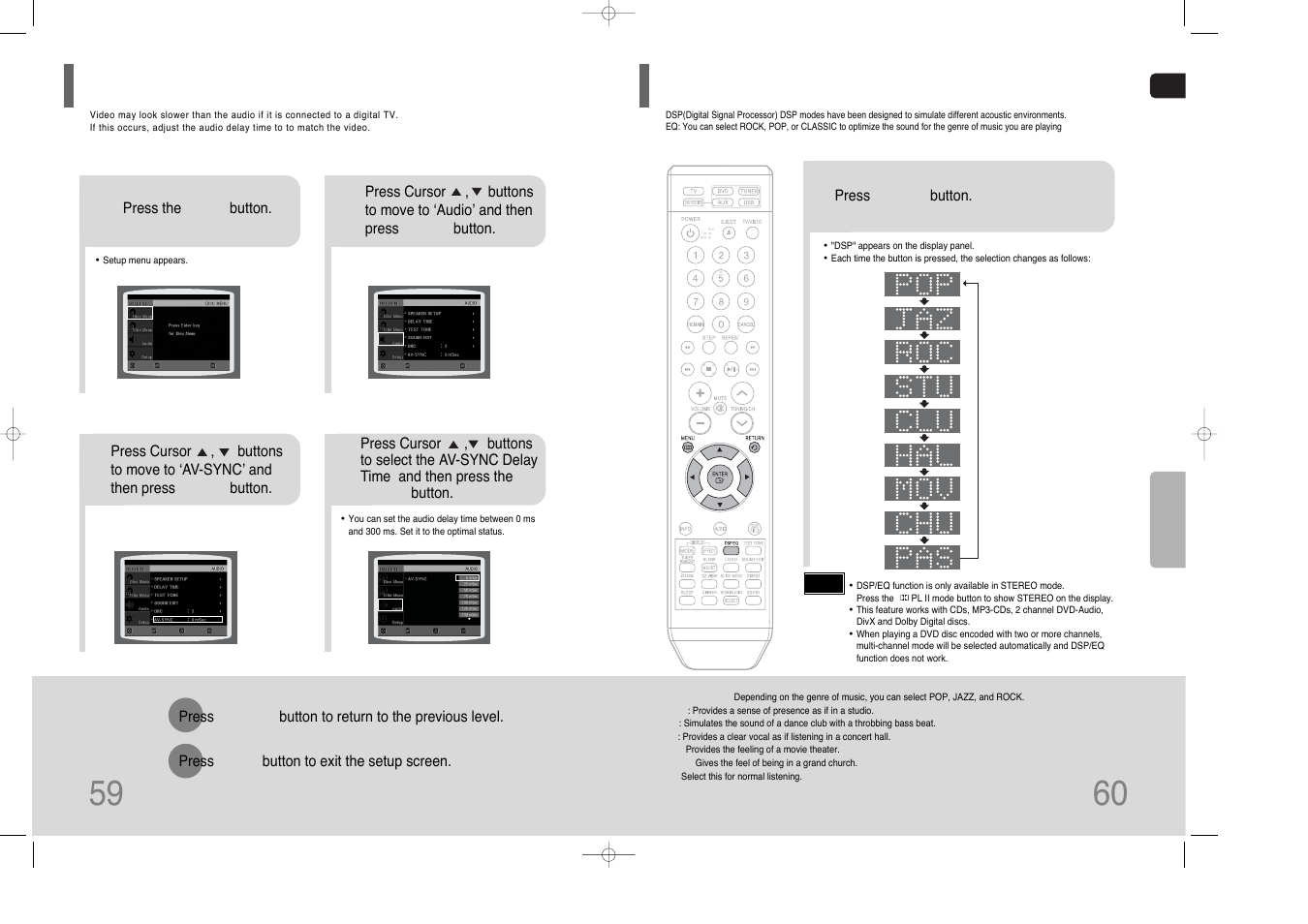Av sync setup, Sound field (dsp)/eq function, Av sync setup 59 | Samsung HT-XQ100  EN User Manual | Page 31 / 39
