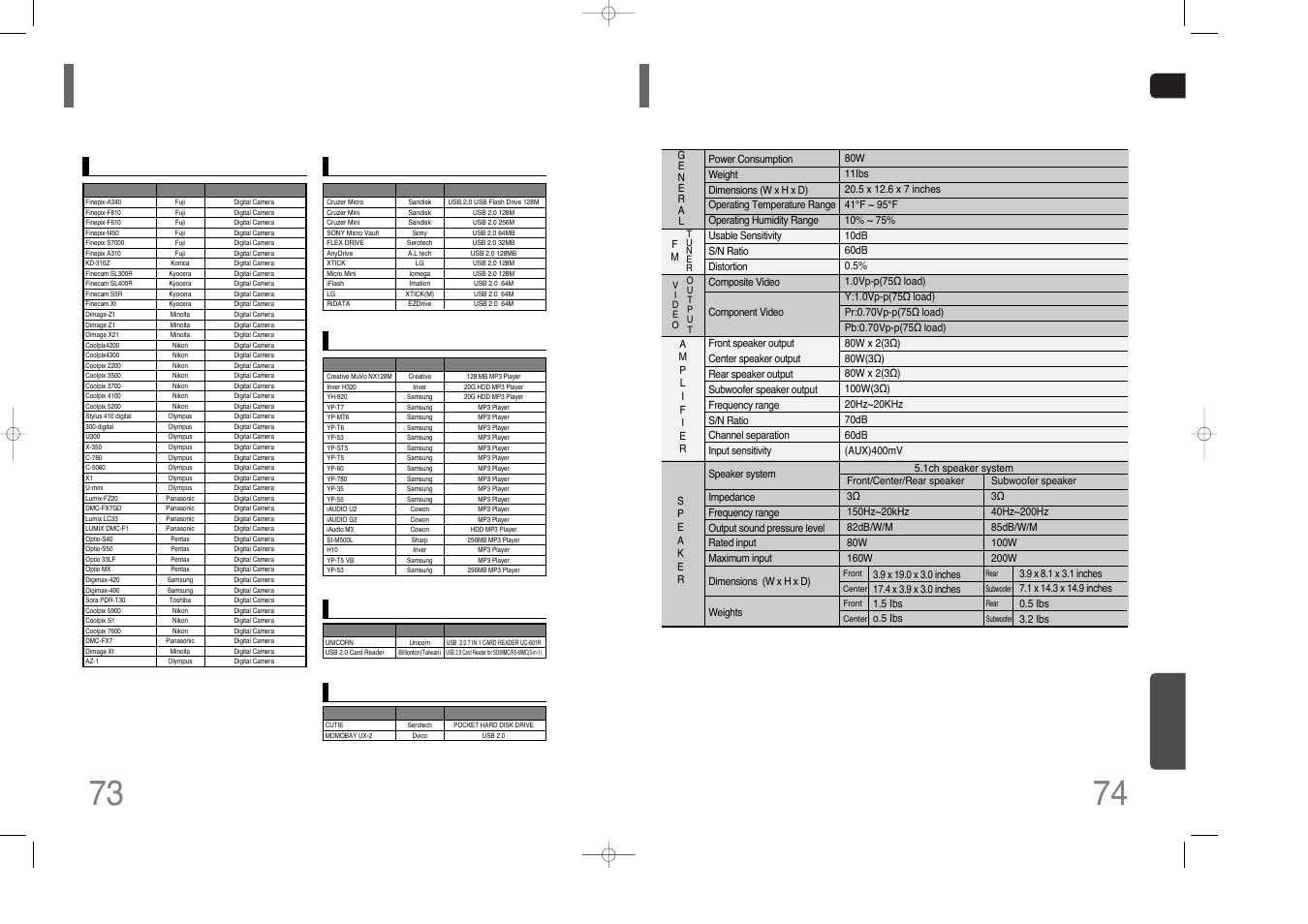 Usb host feature supported products, Specifications, 73 usb host feature supported products | Miscellaneous | Samsung HT-XQ100  EN User Manual | Page 38 / 39