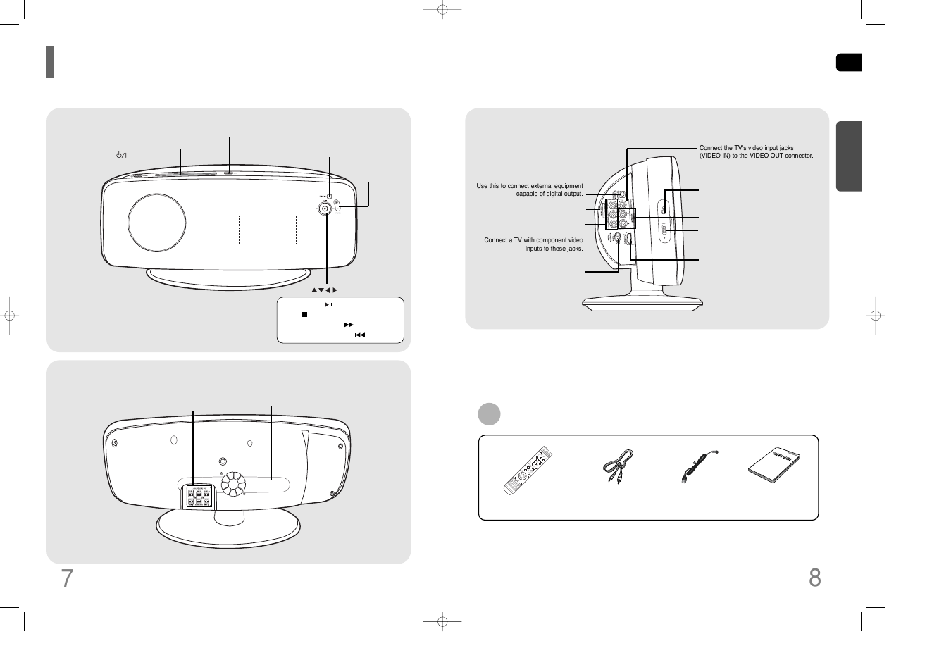 Description, Rear panel— —side panel, Front panel | Accessories | Samsung HT-XQ100  EN User Manual | Page 5 / 39