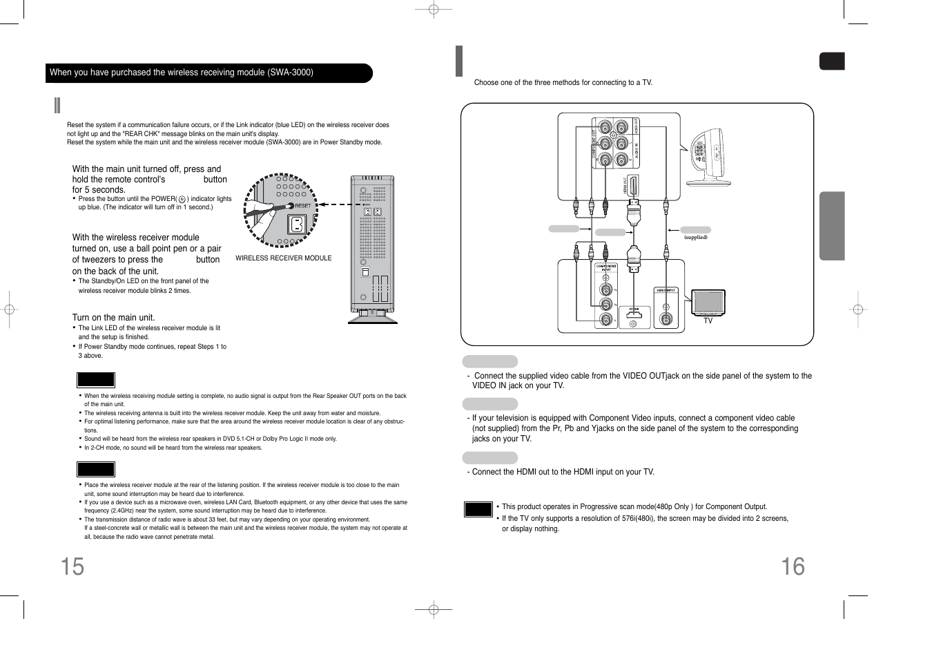 Connecting the video out to tv, Resetting wireless communication | Samsung HT-XQ100  EN User Manual | Page 9 / 39