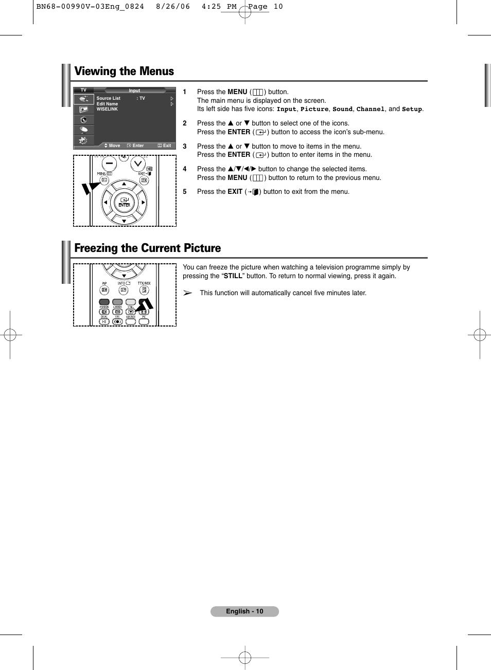 Viewing the menus, Freezing the current picture | Samsung BN68-00990V-03 User Manual | Page 10 / 56