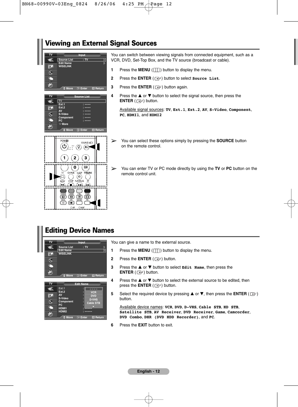 Viewing an external signal sources, Editing device names | Samsung BN68-00990V-03 User Manual | Page 12 / 56