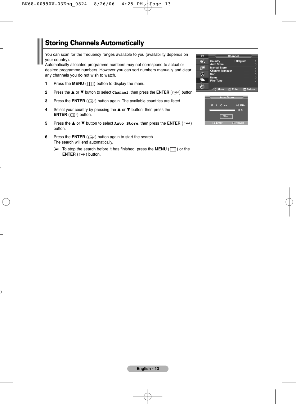 Channel control, Storing channels automatically | Samsung BN68-00990V-03 User Manual | Page 13 / 56