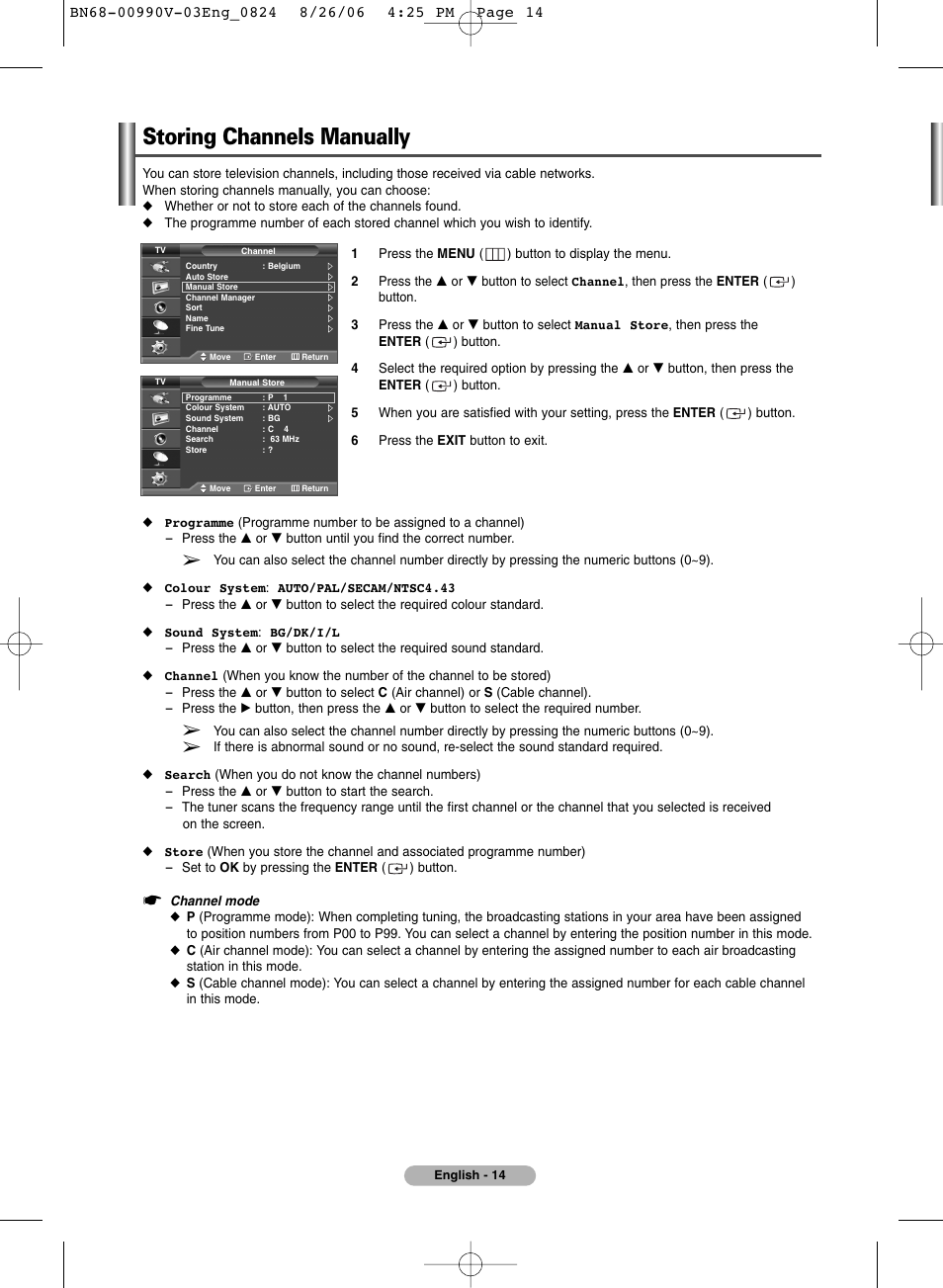Storing channels manually | Samsung BN68-00990V-03 User Manual | Page 14 / 56