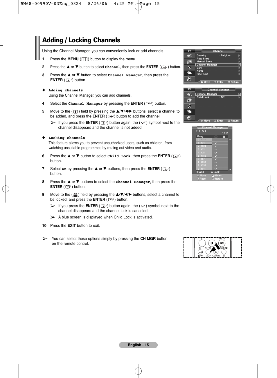 Adding / locking channels | Samsung BN68-00990V-03 User Manual | Page 15 / 56