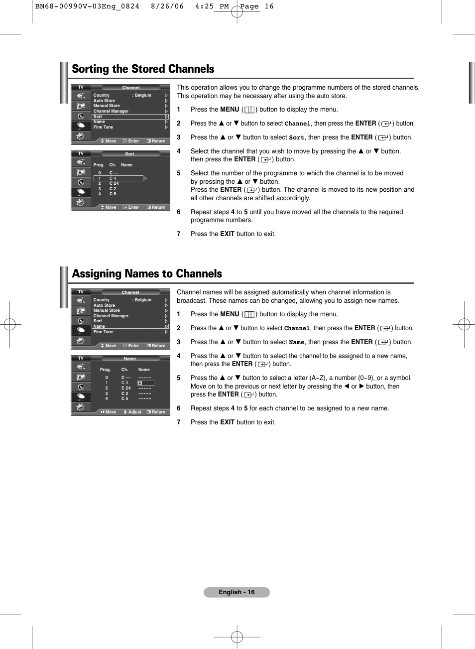 Sorting the stored channels, Assigning names to channels | Samsung BN68-00990V-03 User Manual | Page 16 / 56