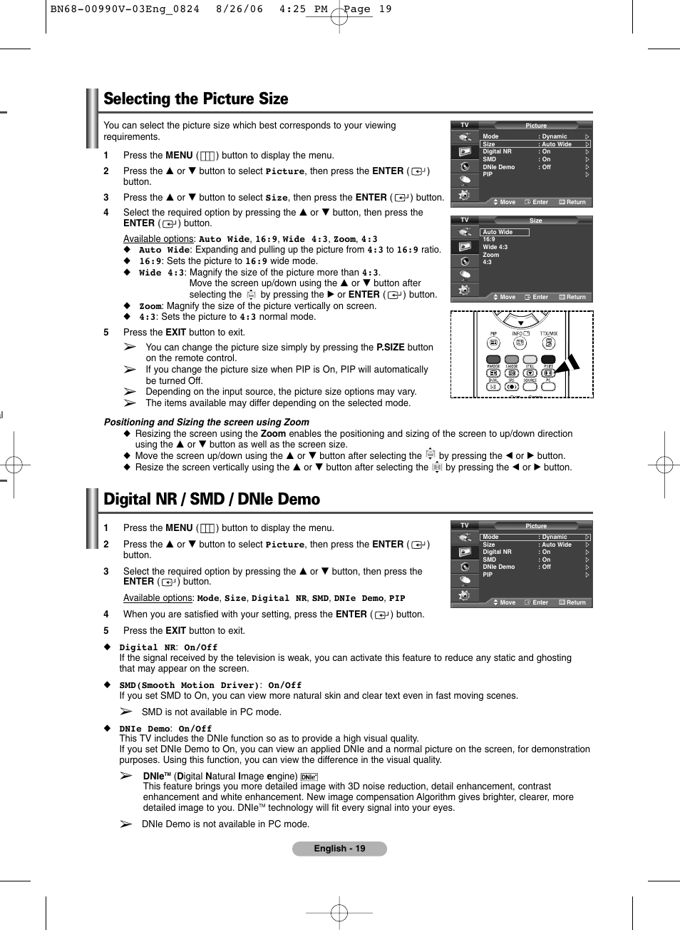 Selecting the picture size, Digital nr, Dnie demo | Digital nr / smd / dnie demo | Samsung BN68-00990V-03 User Manual | Page 19 / 56