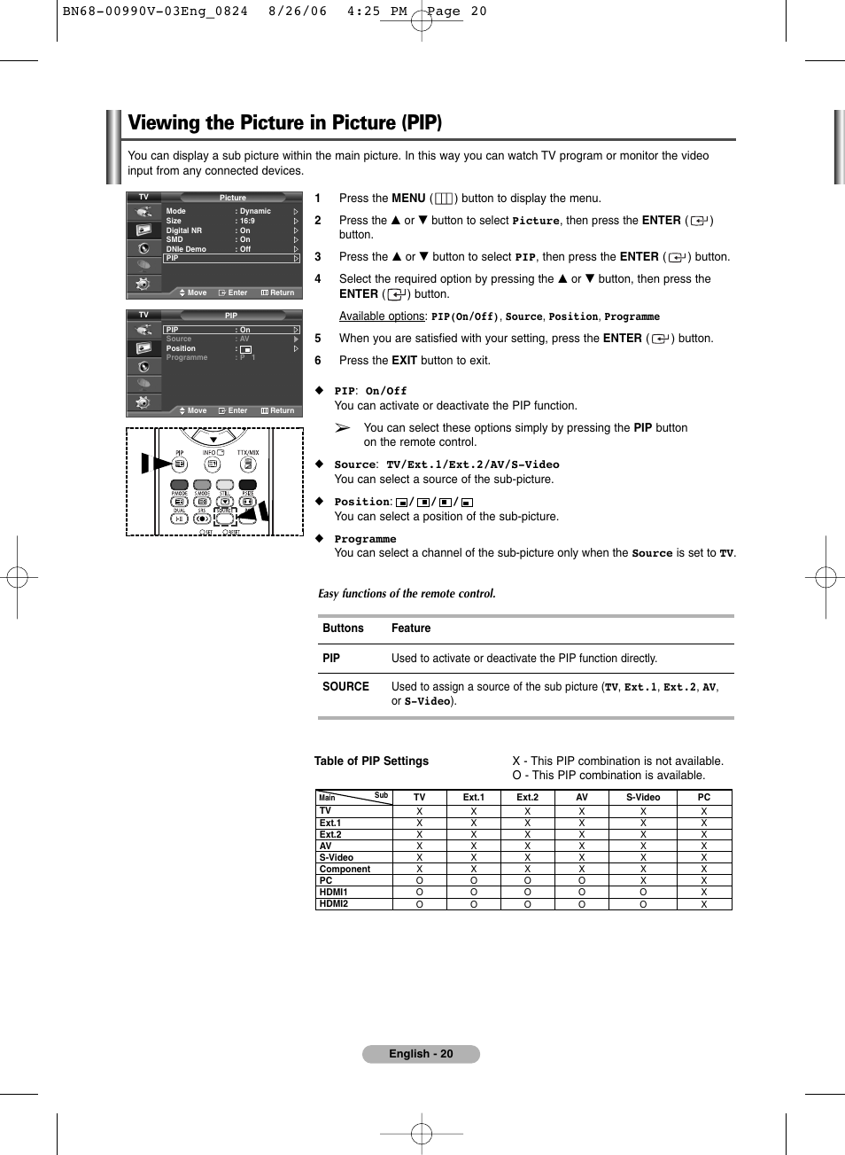 Viewing the picture in picture (pip) | Samsung BN68-00990V-03 User Manual | Page 20 / 56