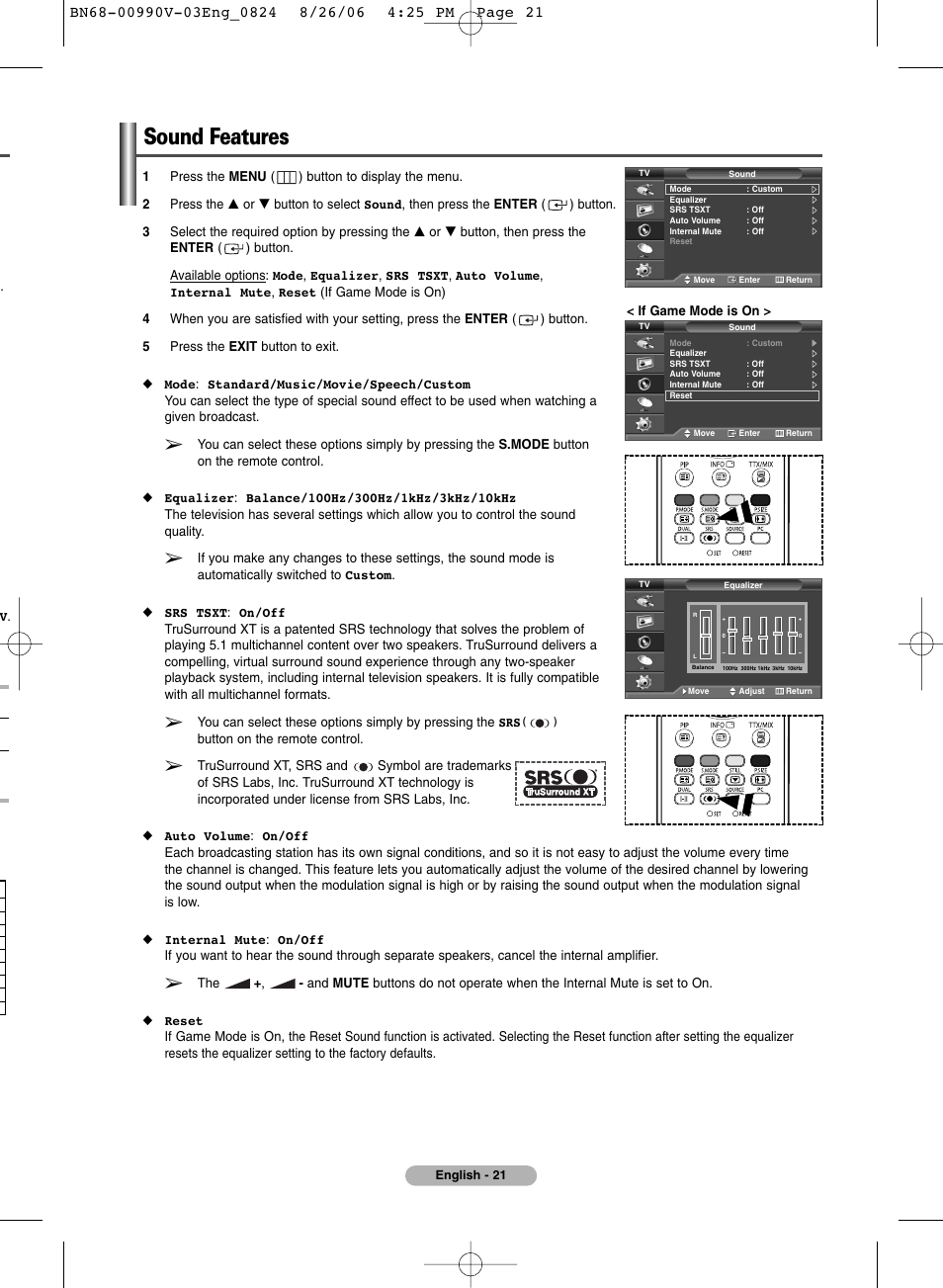 Sound control, Sound features | Samsung BN68-00990V-03 User Manual | Page 21 / 56