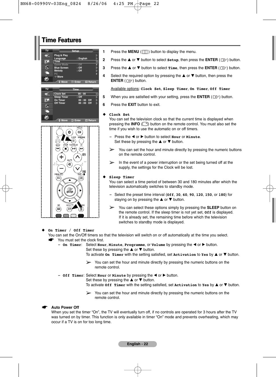 Function description, Time features | Samsung BN68-00990V-03 User Manual | Page 22 / 56