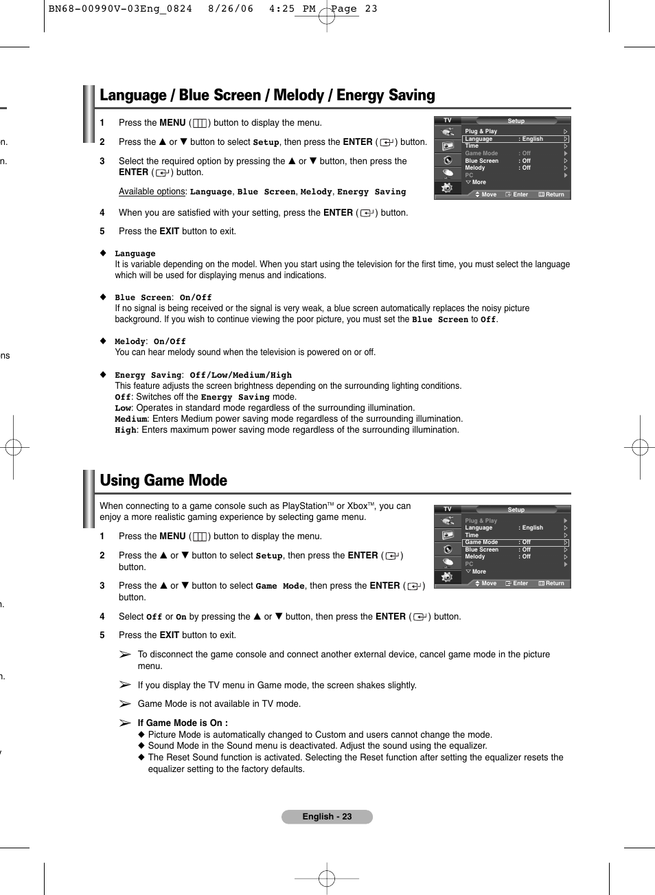 Language, Blue screen, Melody | Energy saving, Using game mode, Language / blue screen / melody / energy saving | Samsung BN68-00990V-03 User Manual | Page 23 / 56