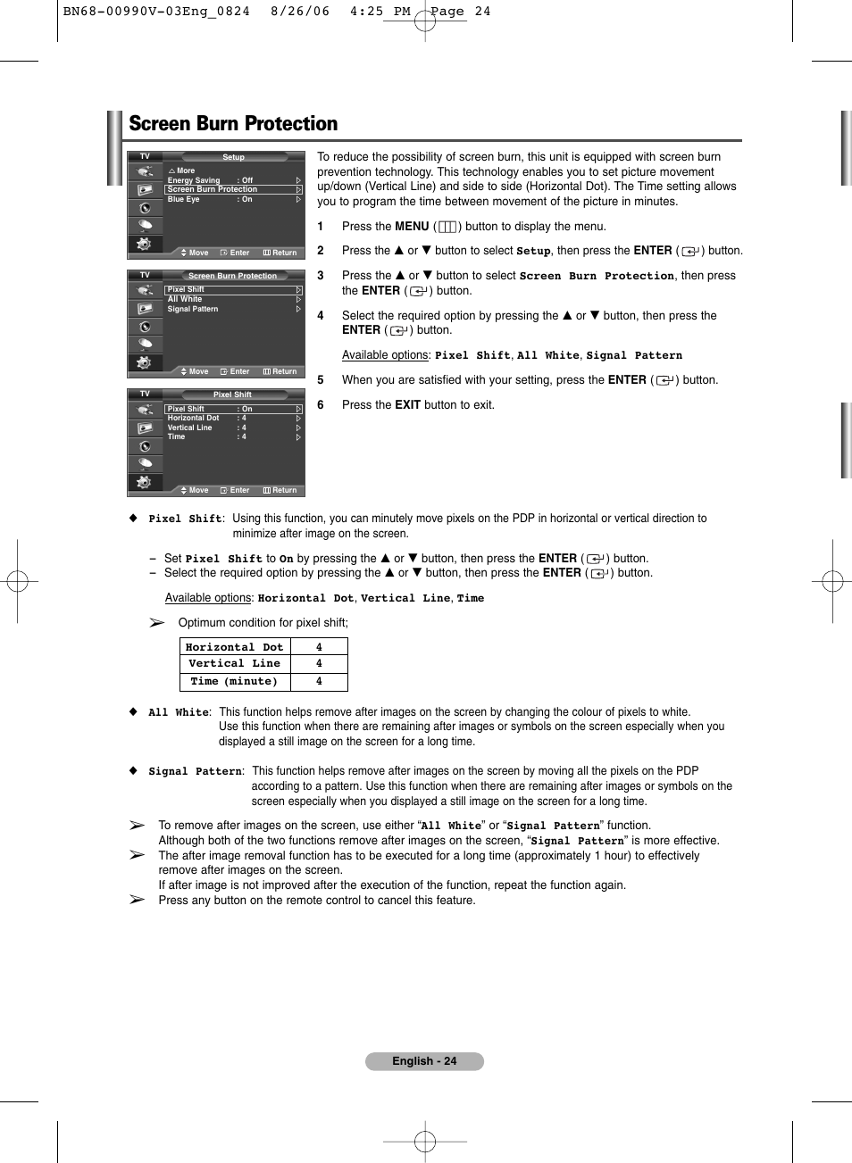 Screen burn protection | Samsung BN68-00990V-03 User Manual | Page 24 / 56