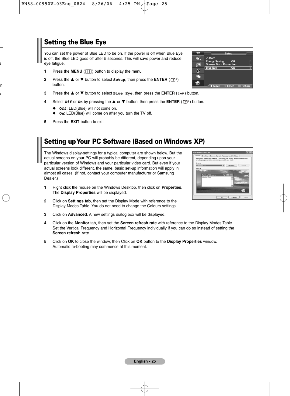 Setting the blue eye, Pc display, Setting up your pc software (based on windows xp) | Samsung BN68-00990V-03 User Manual | Page 25 / 56