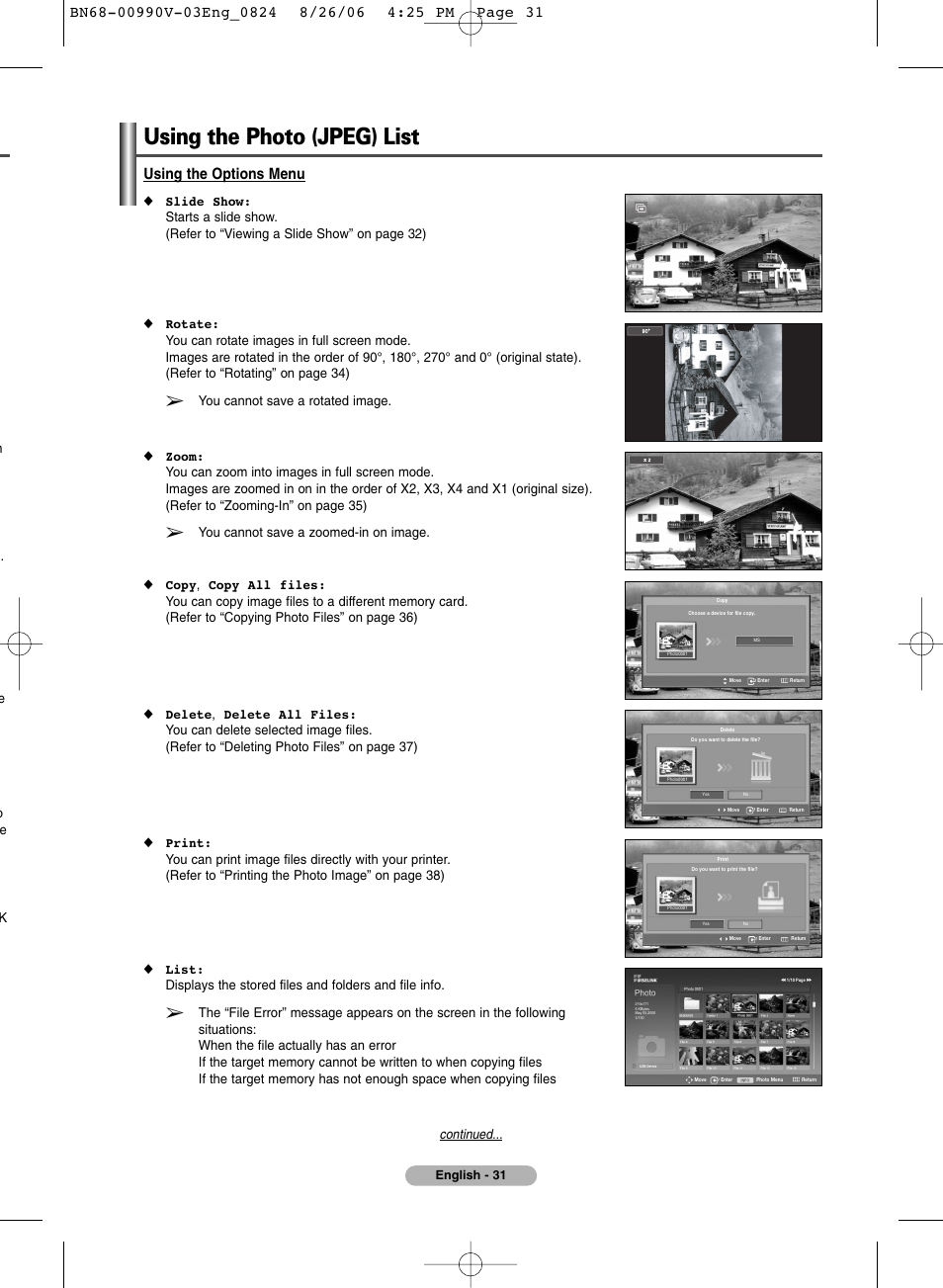 Using the photo (jpeg) list, Using the options menu | Samsung BN68-00990V-03 User Manual | Page 31 / 56