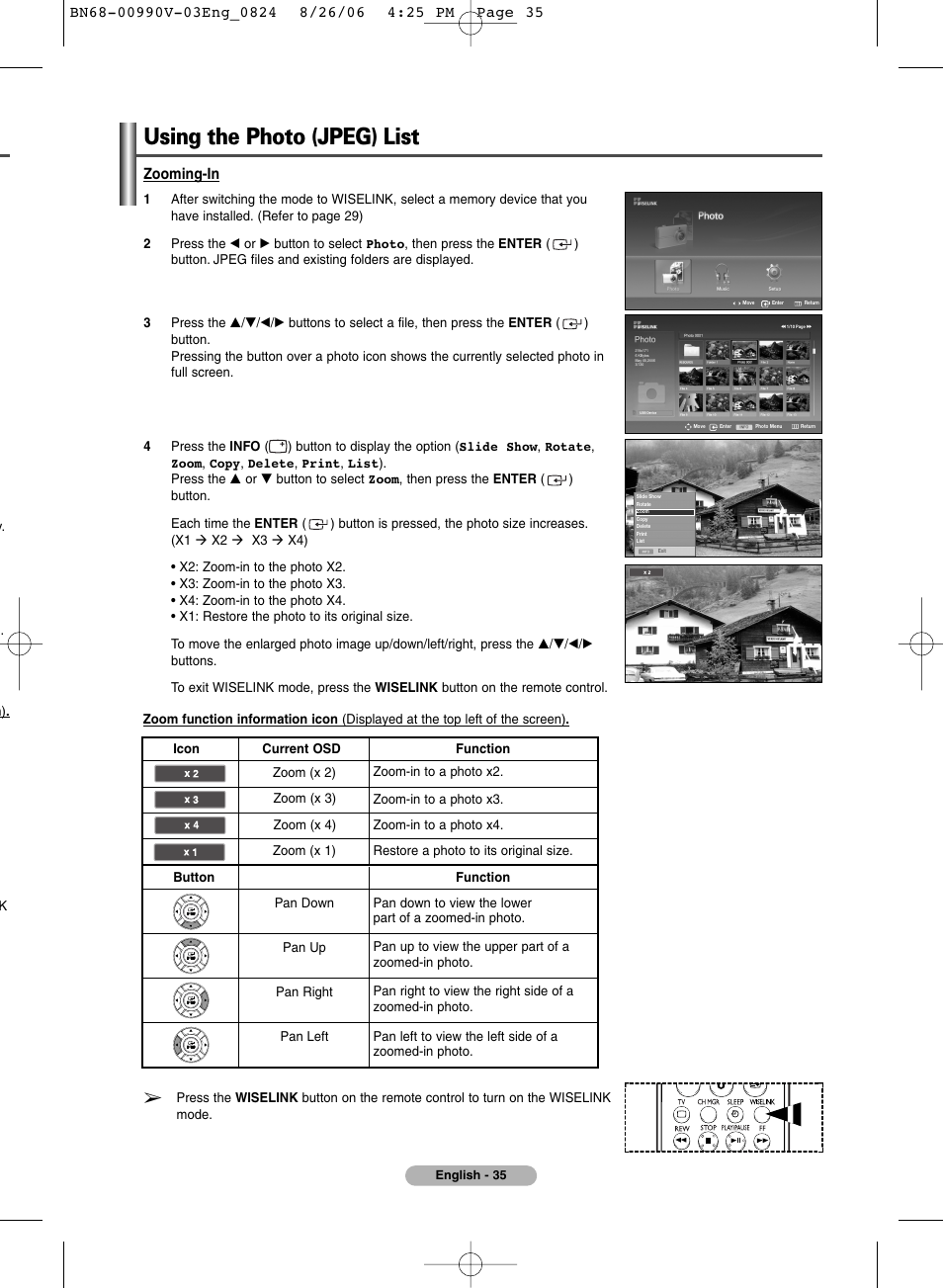 Using the photo (jpeg) list, Zooming-in | Samsung BN68-00990V-03 User Manual | Page 35 / 56