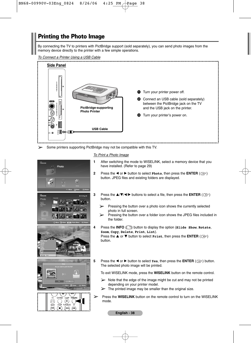 Printing the photo image, Side panel | Samsung BN68-00990V-03 User Manual | Page 38 / 56