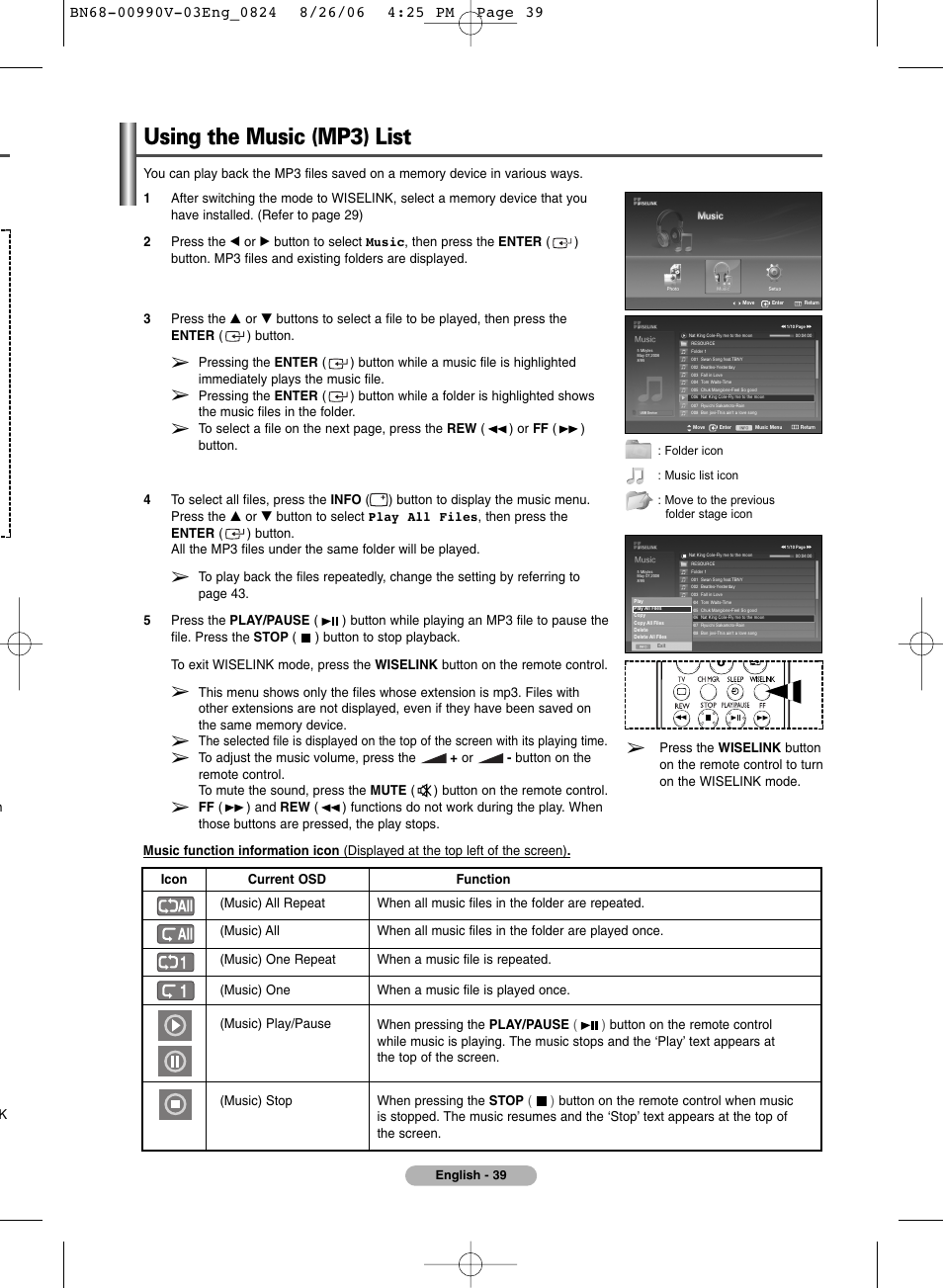 Using the music (mp3) list | Samsung BN68-00990V-03 User Manual | Page 39 / 56