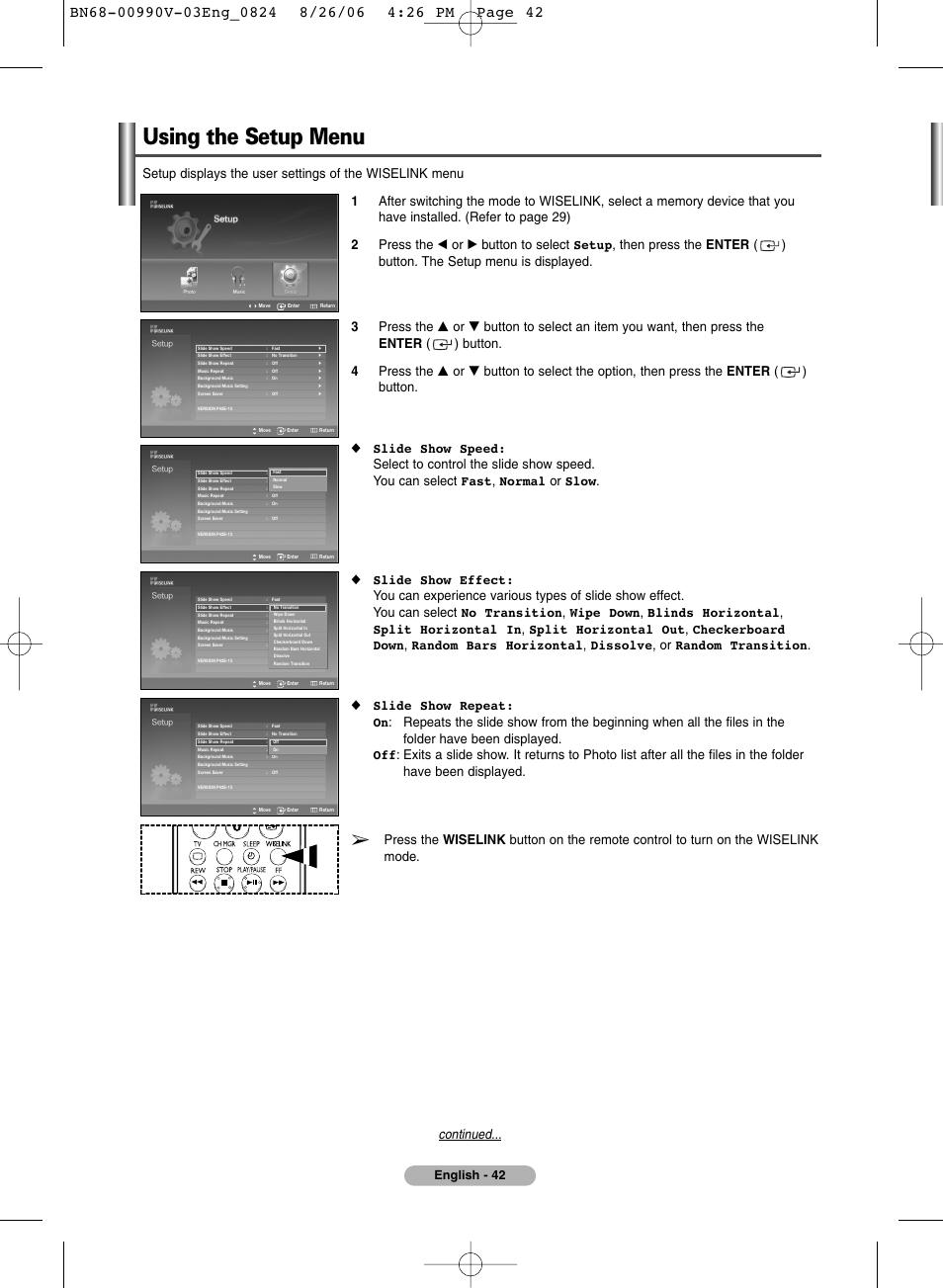 Using the setup menu, Continued, English - 42 | Samsung BN68-00990V-03 User Manual | Page 42 / 56