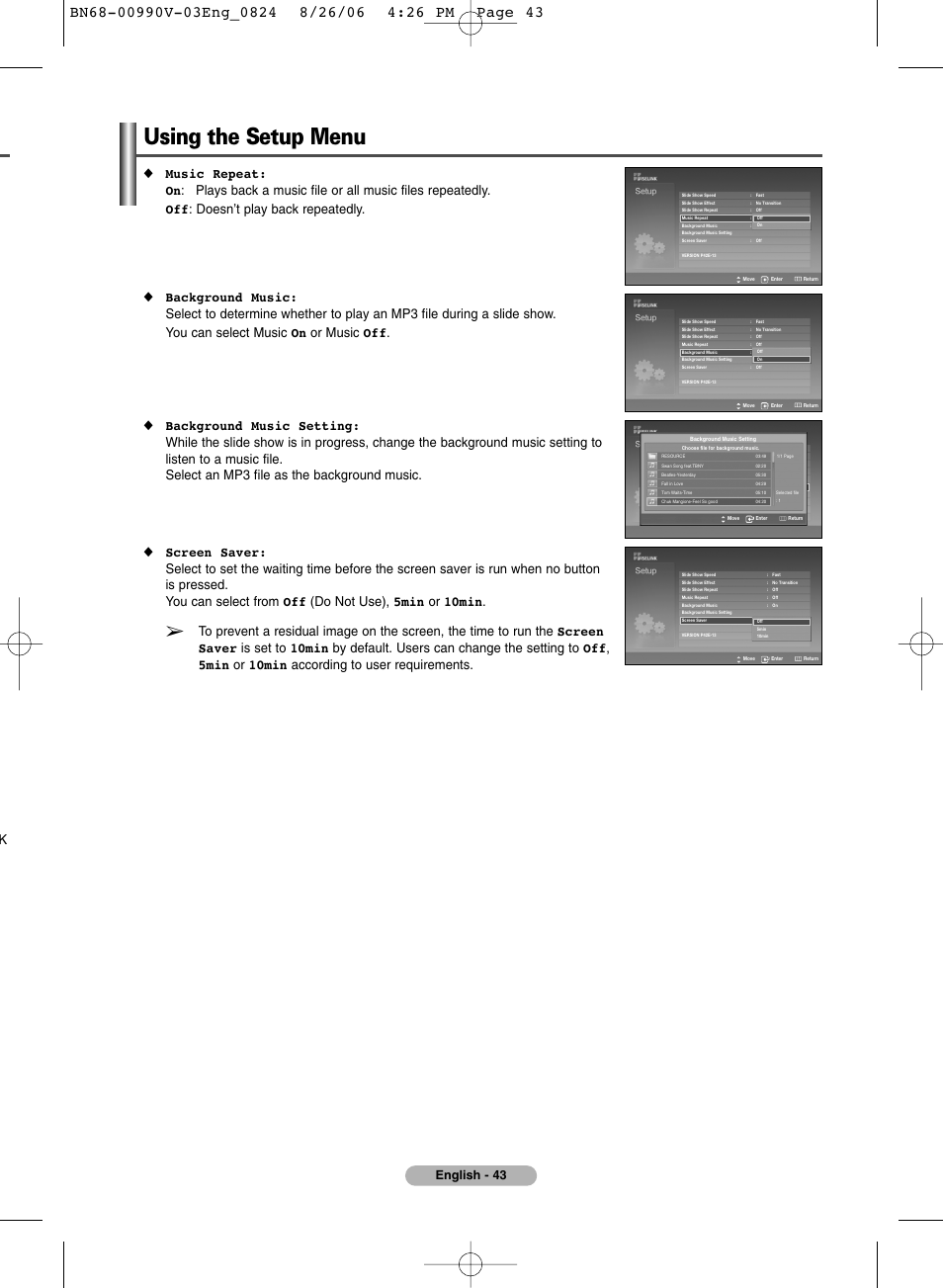 Using the setup menu, English - 43 | Samsung BN68-00990V-03 User Manual | Page 43 / 56