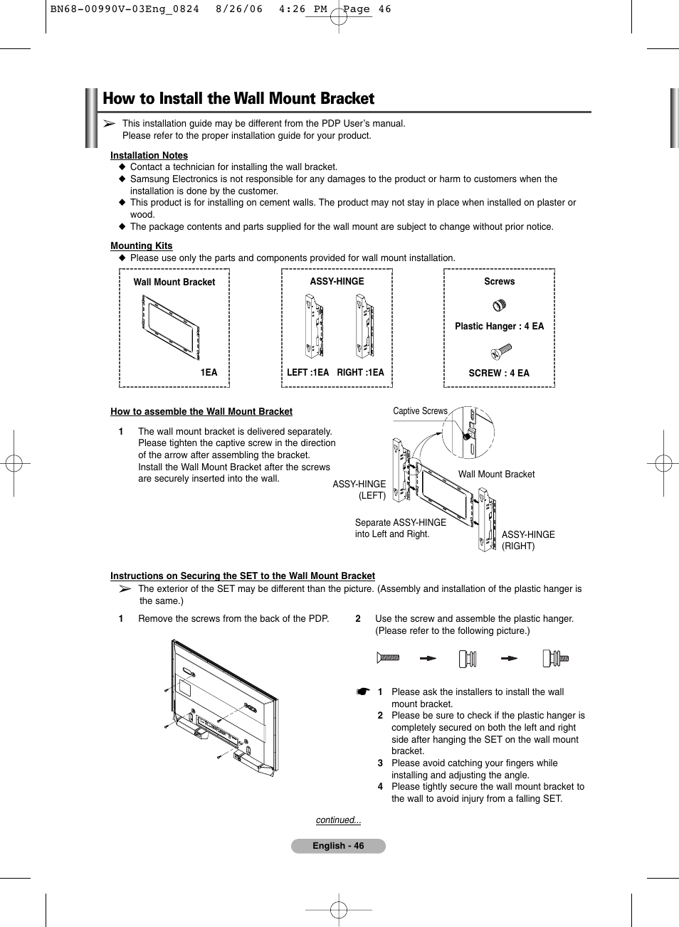 How to install the wall mount bracket | Samsung BN68-00990V-03 User Manual | Page 46 / 56