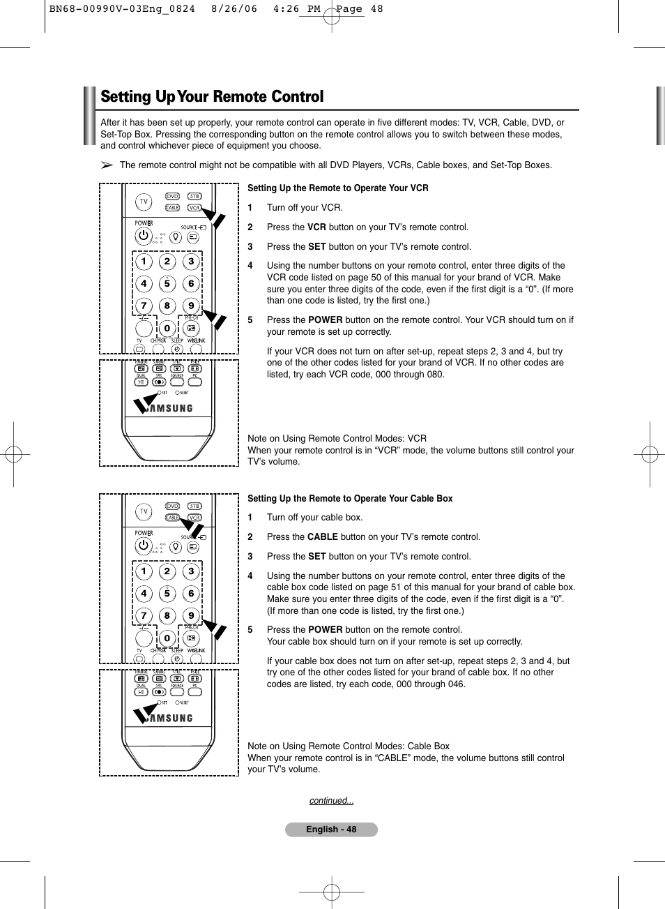 Setting up your remote control | Samsung BN68-00990V-03 User Manual | Page 48 / 56