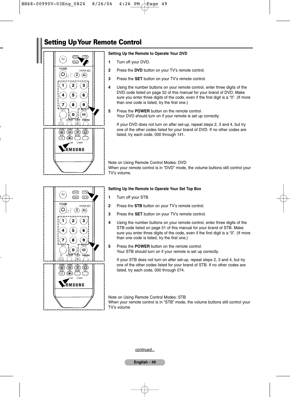 Setting up your remote control | Samsung BN68-00990V-03 User Manual | Page 49 / 56