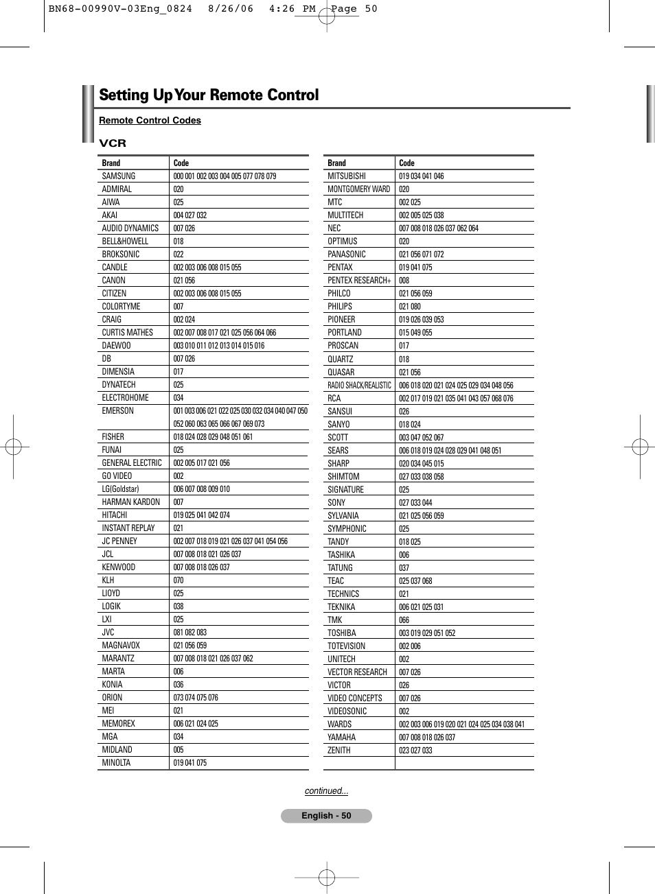 Setting up your remote control | Samsung BN68-00990V-03 User Manual | Page 50 / 56