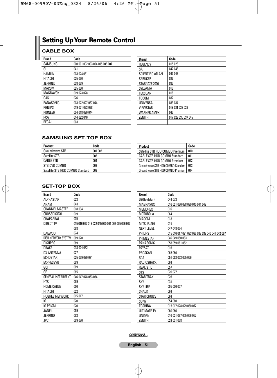 Setting up your remote control | Samsung BN68-00990V-03 User Manual | Page 51 / 56