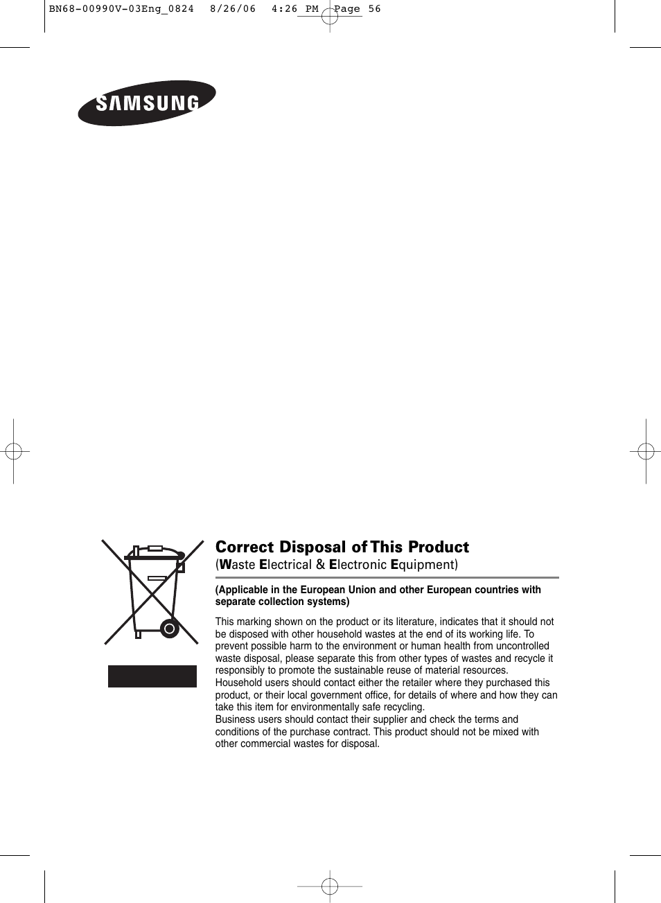 Correct disposal of this product | Samsung BN68-00990V-03 User Manual | Page 56 / 56