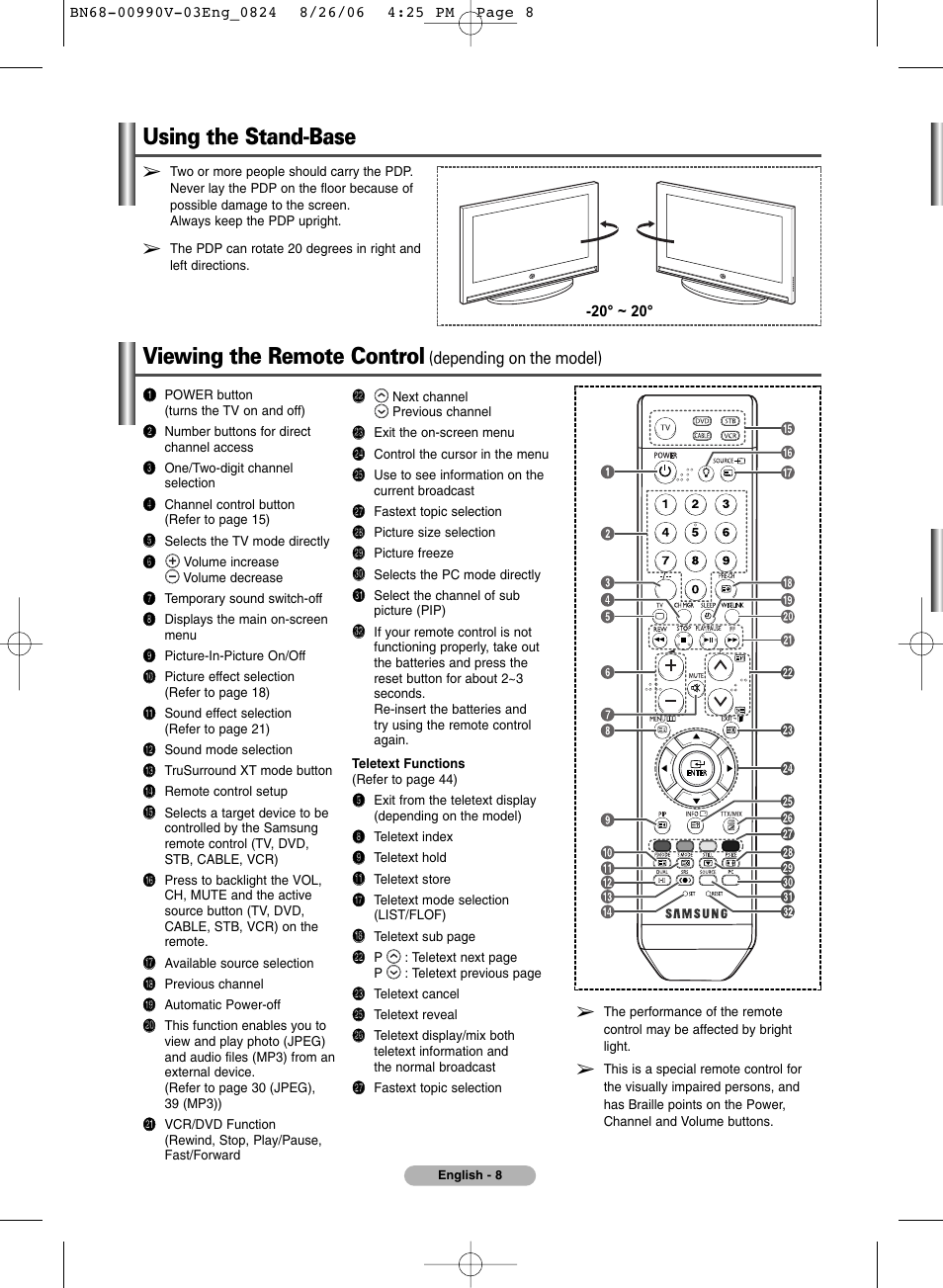 Using the stand-base, Viewing the remote control | Samsung BN68-00990V-03 User Manual | Page 8 / 56