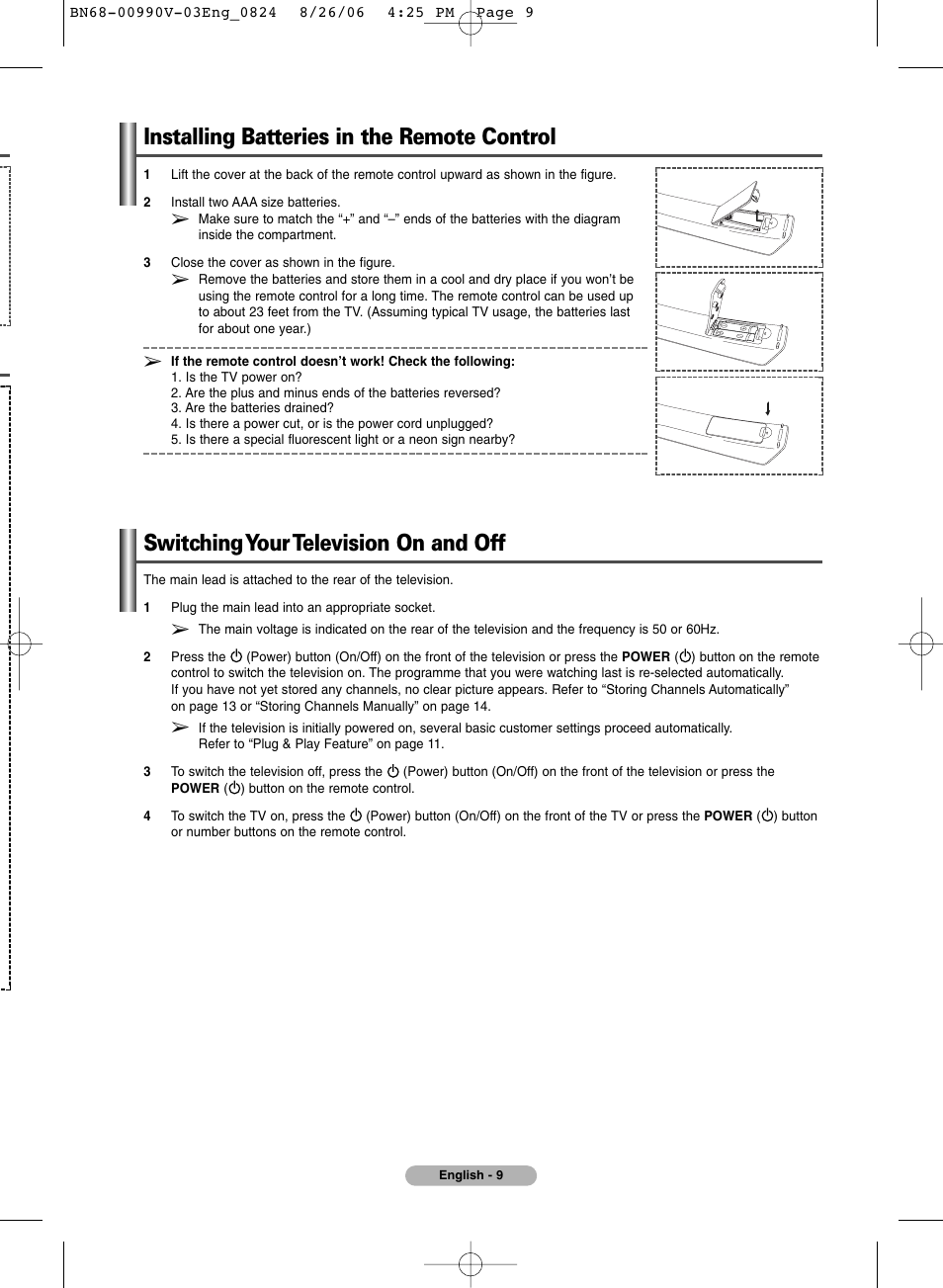 Installing batteries in the remote control, Operation, Switching your television on and off | Samsung BN68-00990V-03 User Manual | Page 9 / 56