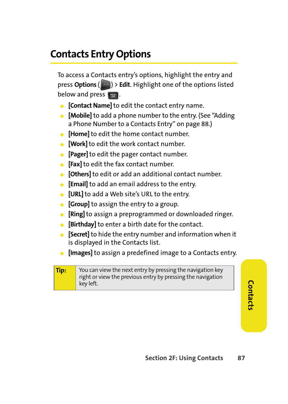 Contacts entry options, Co n ta ct s | Samsung A580 User Manual | Page 105 / 197