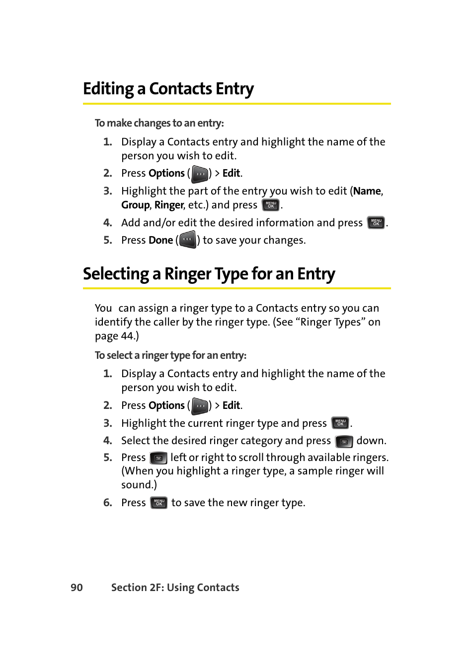 Editing a contacts entry, Selecting a ringer type for an entry | Samsung A580 User Manual | Page 108 / 197