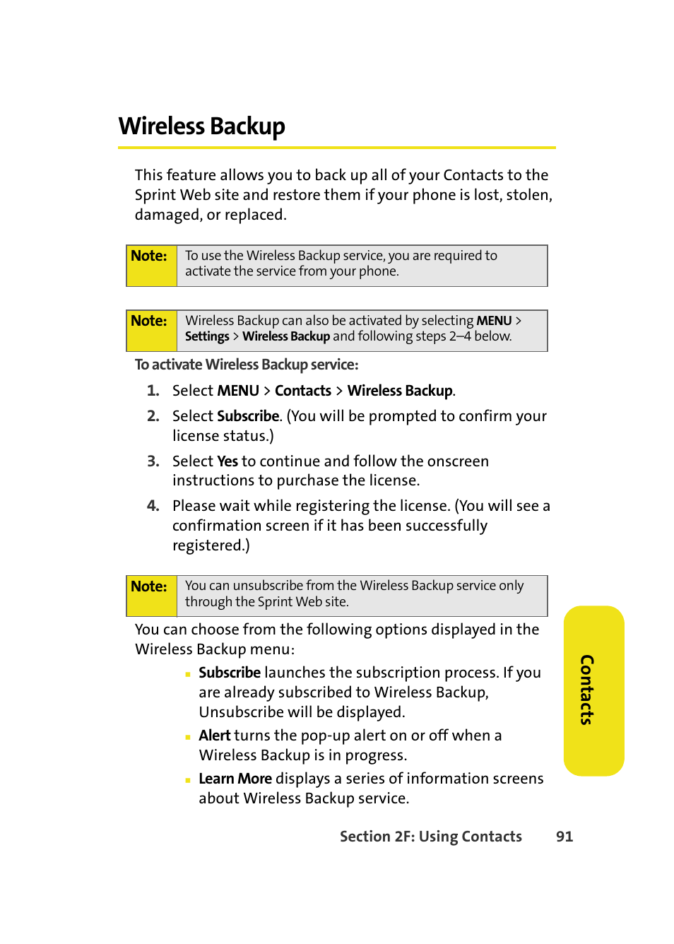 Wireless backup, Co n ta ct s | Samsung A580 User Manual | Page 109 / 197