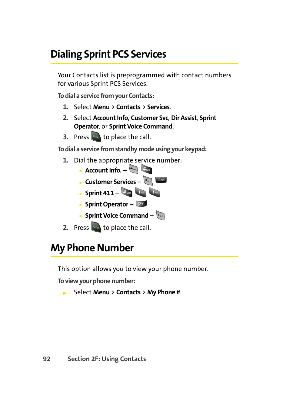 Dialing sprint pcs services, My phone number | Samsung A580 User Manual | Page 110 / 197
