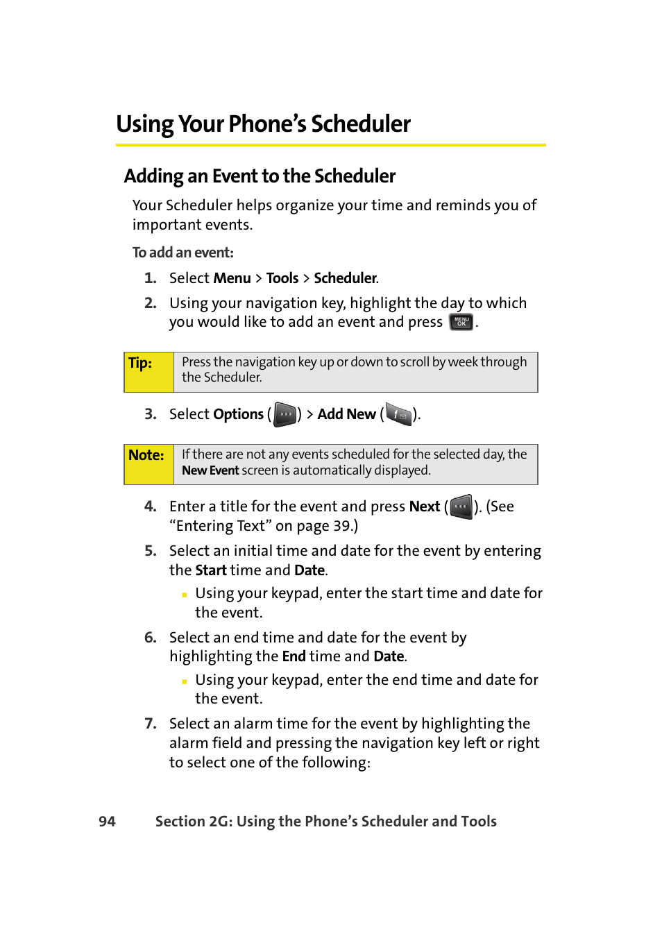 Using your phone’s scheduler, Adding an event to the scheduler | Samsung A580 User Manual | Page 112 / 197