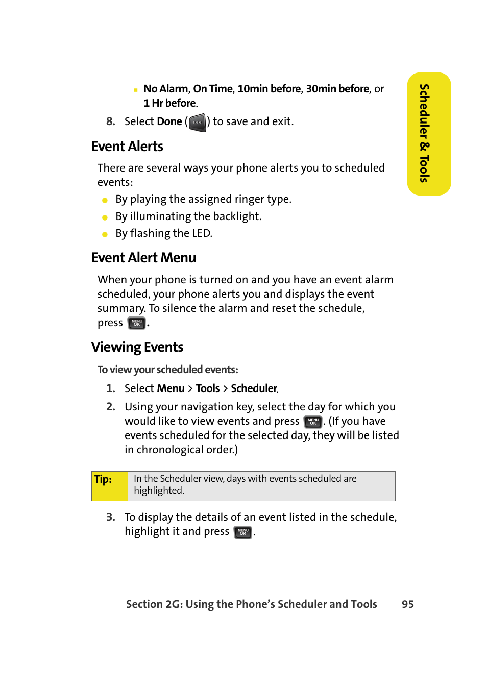 Event alerts, Event alert menu, Viewing events | Samsung A580 User Manual | Page 113 / 197
