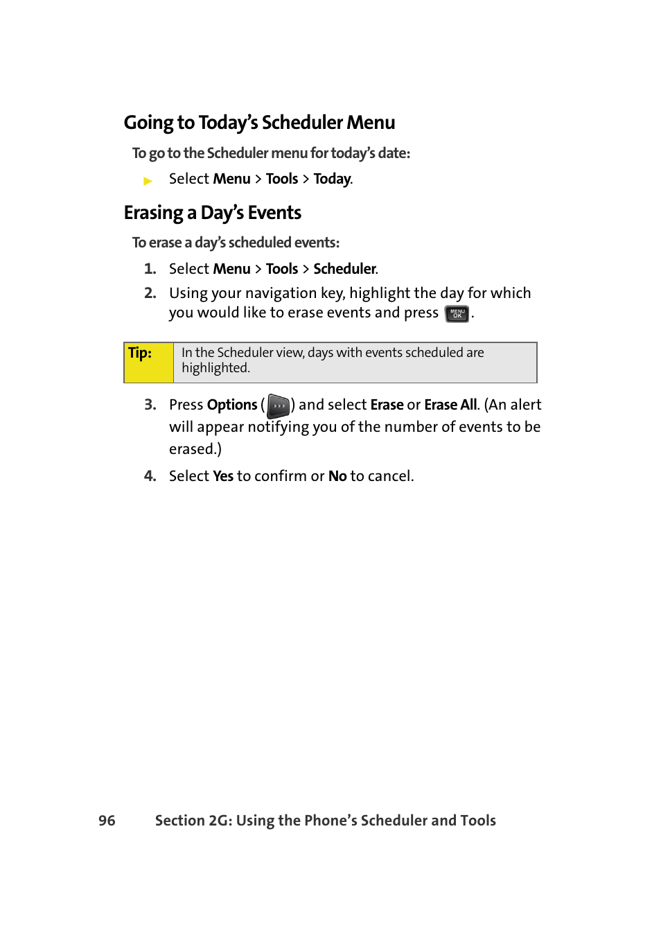 Going to today’s scheduler menu, Erasing a day’s events | Samsung A580 User Manual | Page 114 / 197