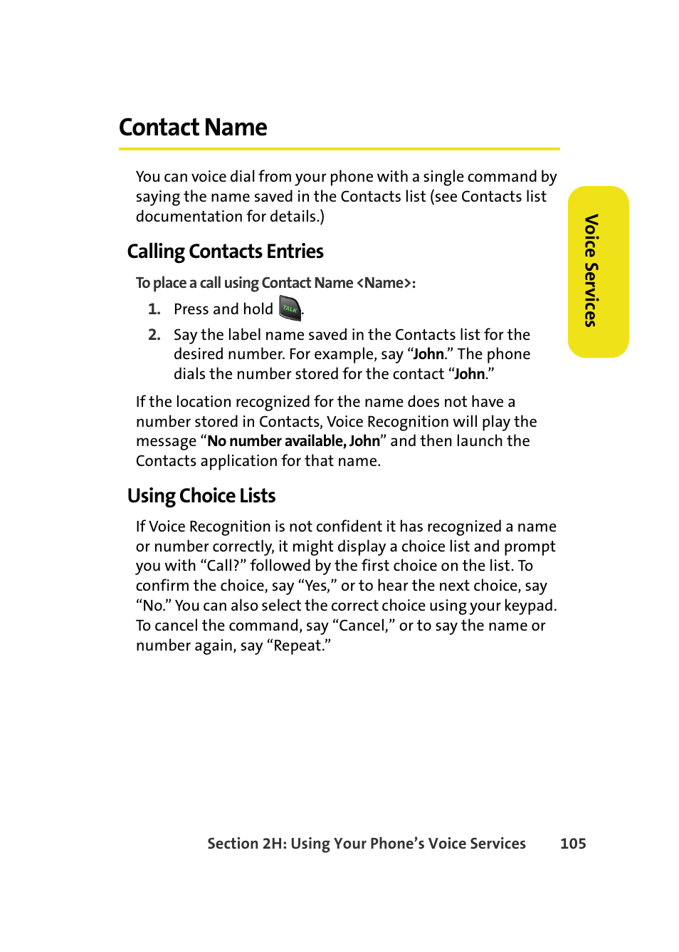 Contact name, Calling contacts entries, Using choice lists | Samsung A580 User Manual | Page 123 / 197