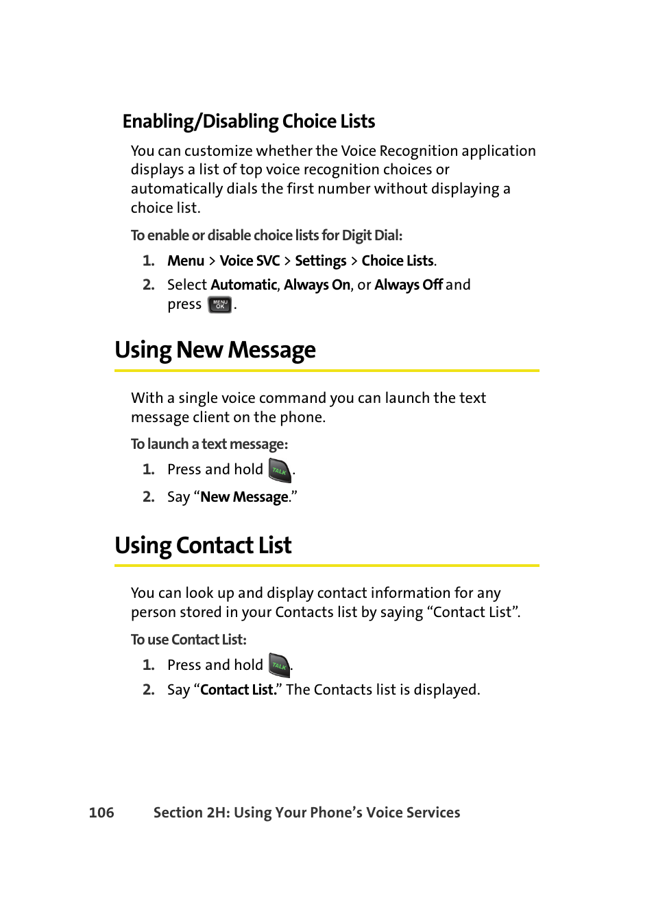 Enabling/disabling choice lists, Using new message, Using contact list | Samsung A580 User Manual | Page 124 / 197